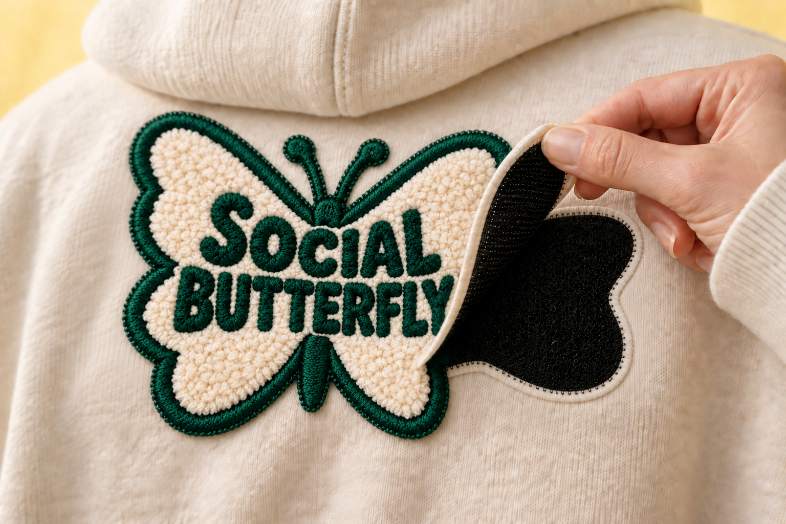 A hand peels a SOCIAL BUTTERFLY fabric patch away from the stitched Velcro panel on a cream hoodie, revealing the hook-and-loop backing